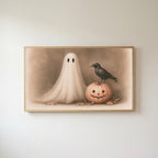 Ghost and crow Frame TV art in an oak frame on a warm white wall