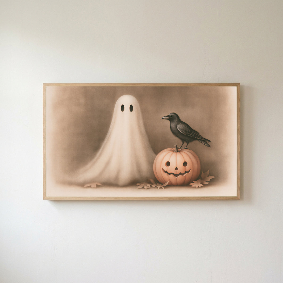 Ghost and crow Frame TV art in an oak frame on a warm white wall