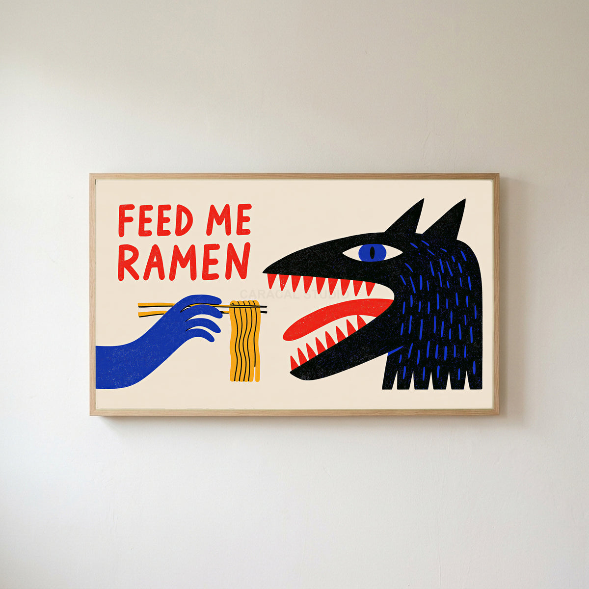 Feed Me Ramen Frame TV art in an oak frame on a warm white wall
