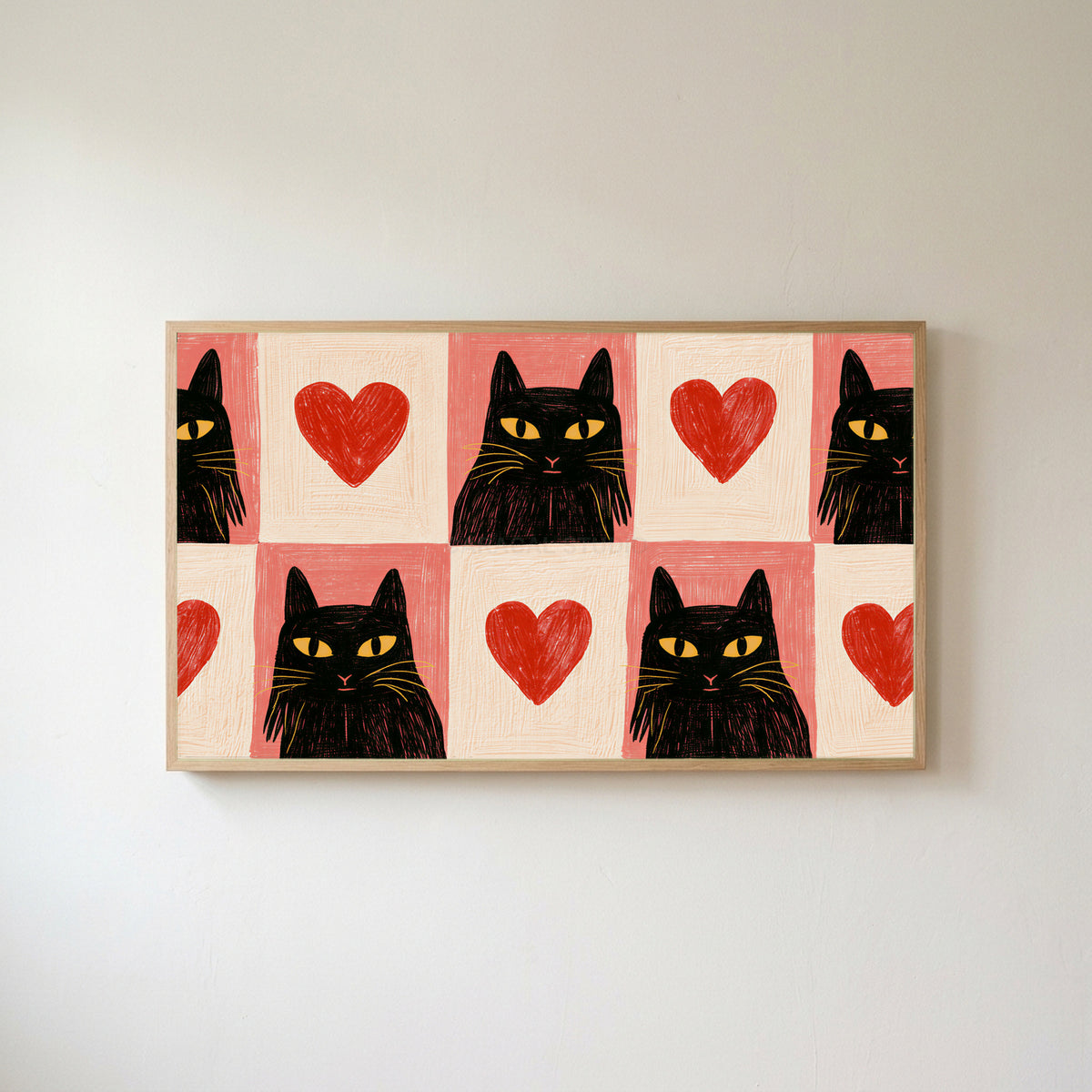 Black cat and heart Frame TV art in an oak frame on a warm white wall