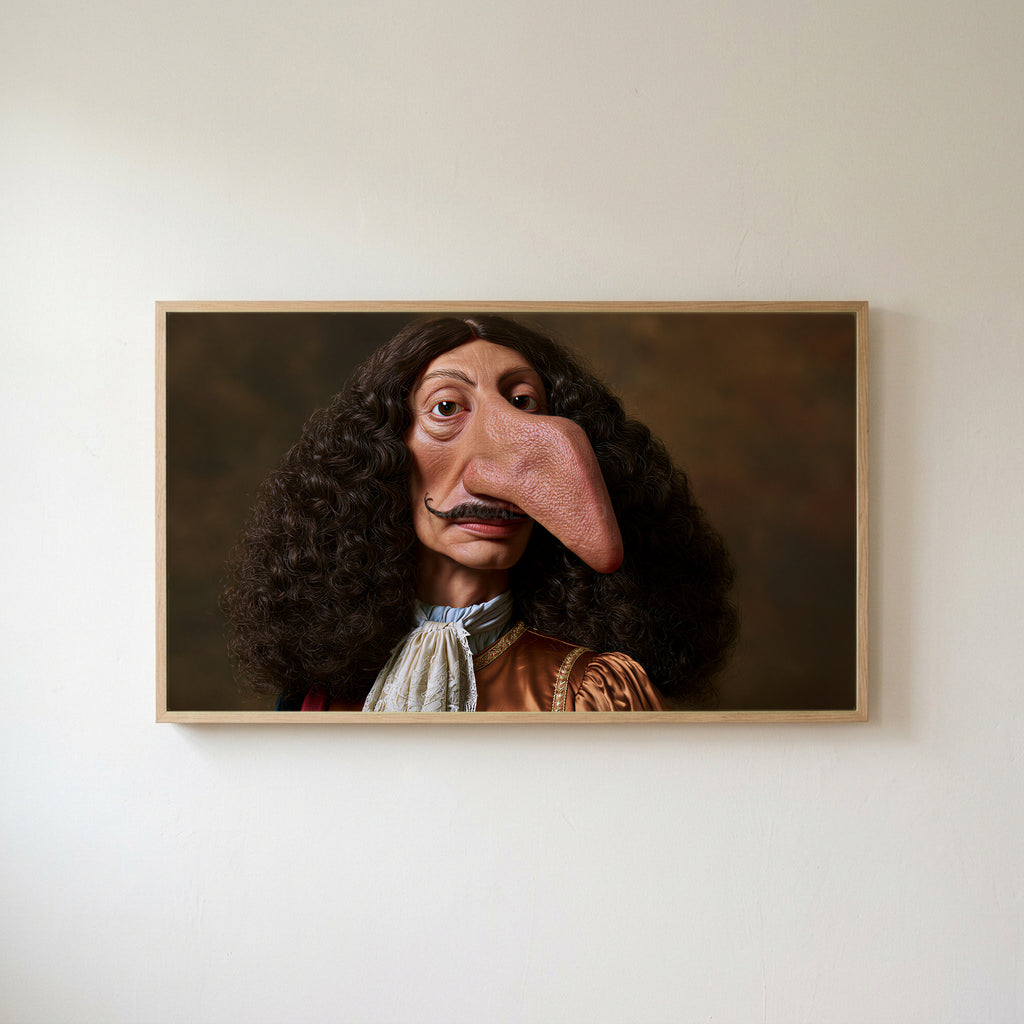 Funny baroque portrait Frame TV art in an oak frame on a warm white wall