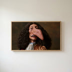 Funny baroque portrait Frame TV art in an oak frame on a warm white wall