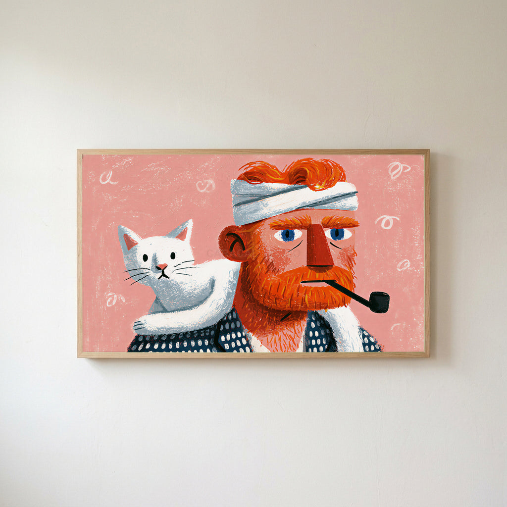 Bearded man and cat Frame TV art in an oak frame on a warm white wall