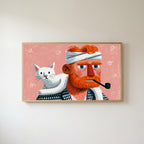 Bearded man and cat Frame TV art in an oak frame on a warm white wall
