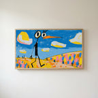Funny alien bird Frame TV art in an oak frame on a warm white wall