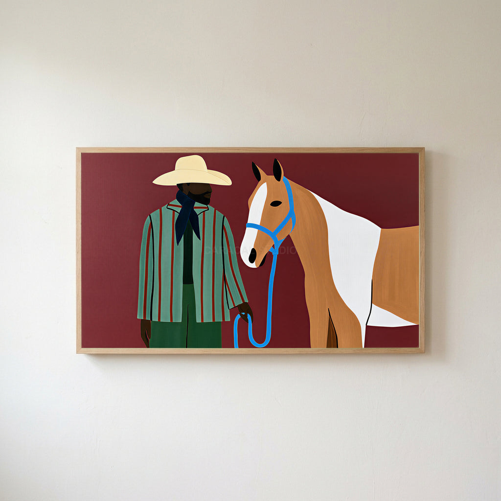Cowboy with a horse Frame TV art in an oak frame on a warm white wall