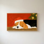 Sleeping beagle Frame TV art in an oak frame on a warm white wall