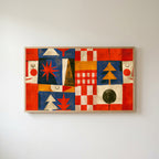 Folk art patchwork Frame TV art in an oak frame on a warm white wall