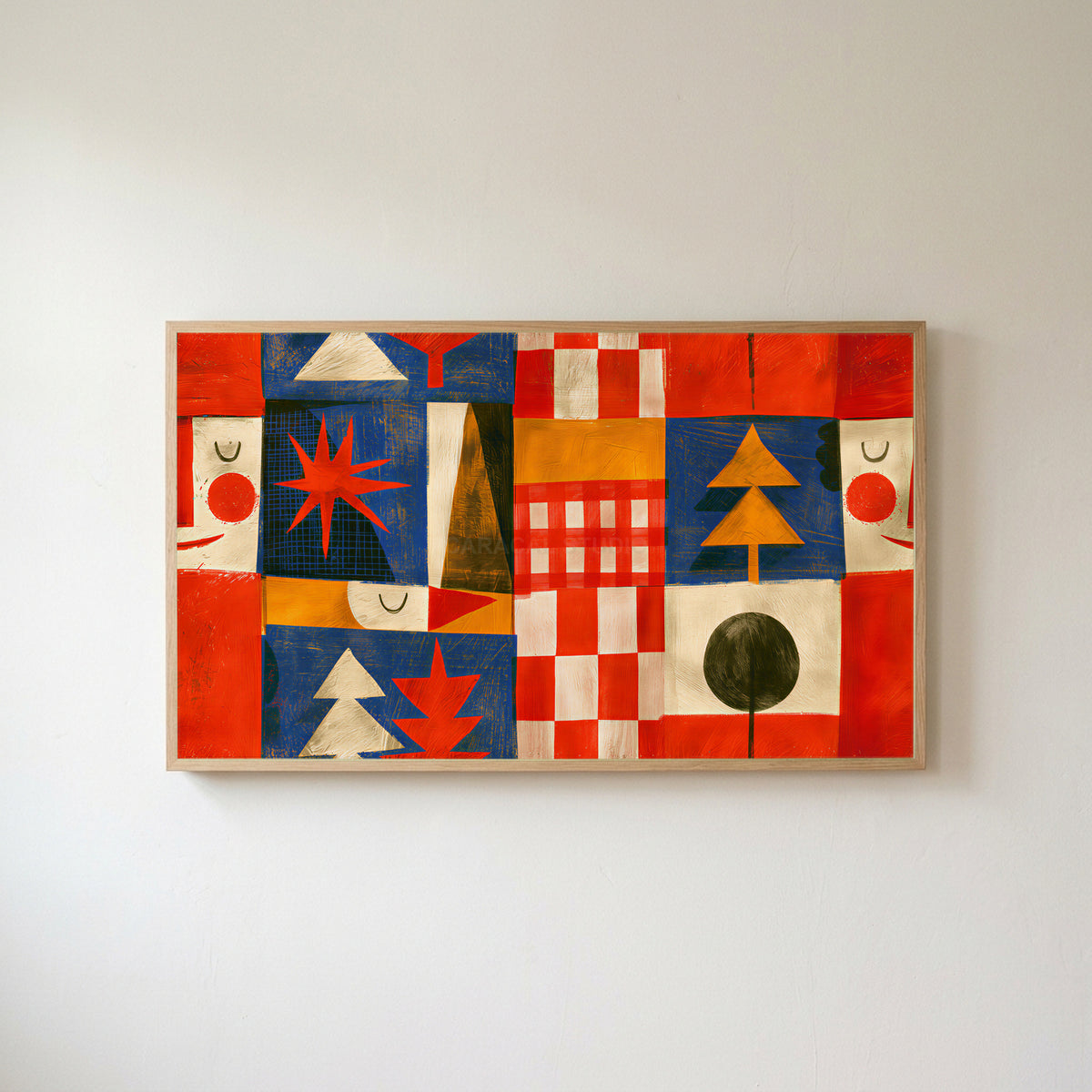Folk art patchwork Frame TV art in an oak frame on a warm white wall