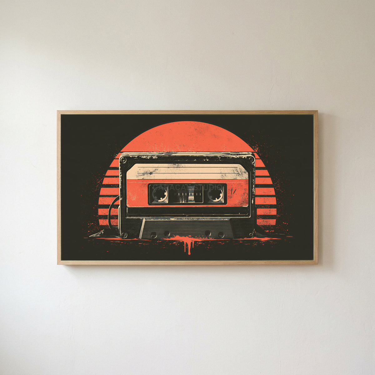 Retro cassette tape Frame TV art in an oak frame on a warm white wall