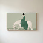 Woman riding a horse Frame TV art in an oak frame on a warm white wall