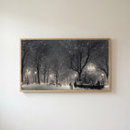 New York park at night Frame TV art in an oak frame on a warm white wall