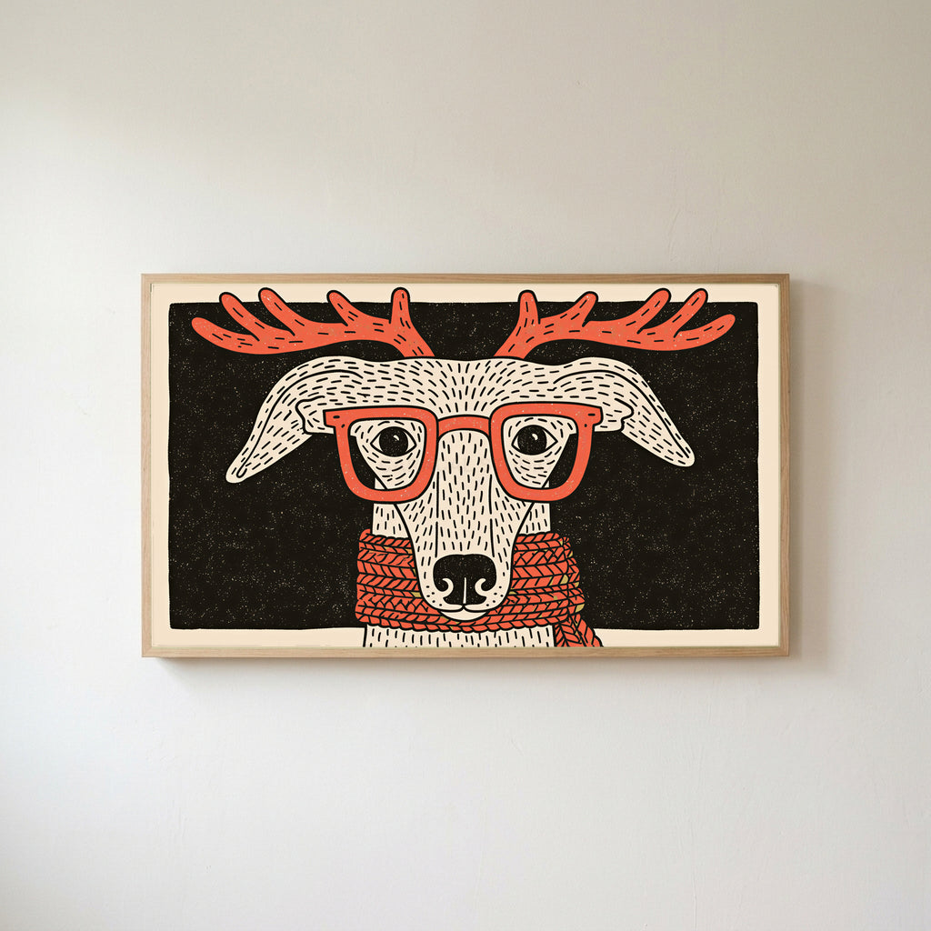 Whippet with reindeer antlers Frame TV art in an oak frame on a warm white wall