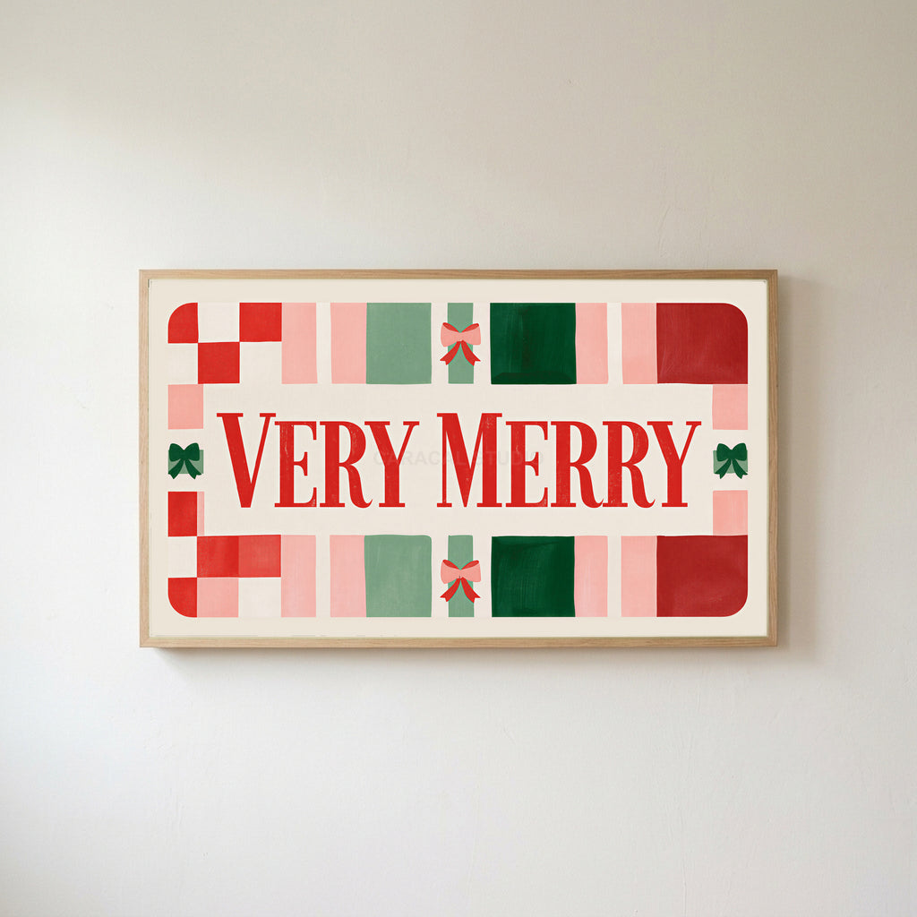 Very Merry typography Frame TV art in an oak frame on a warm white wall