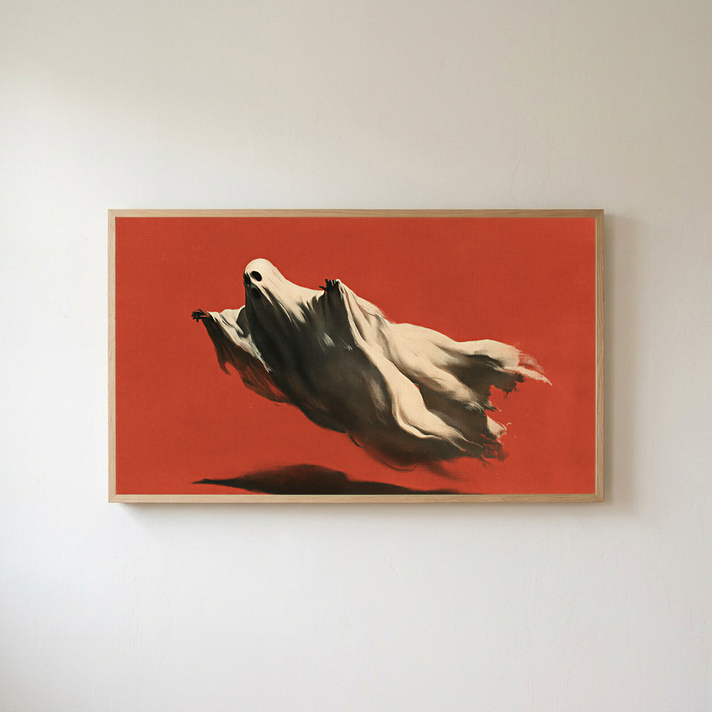 Flying ghost Frame TV art in an oak frame on a warm white wall