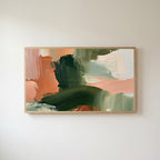 Green and peach abstract Frame TV art in an oak frame on a warm white wall