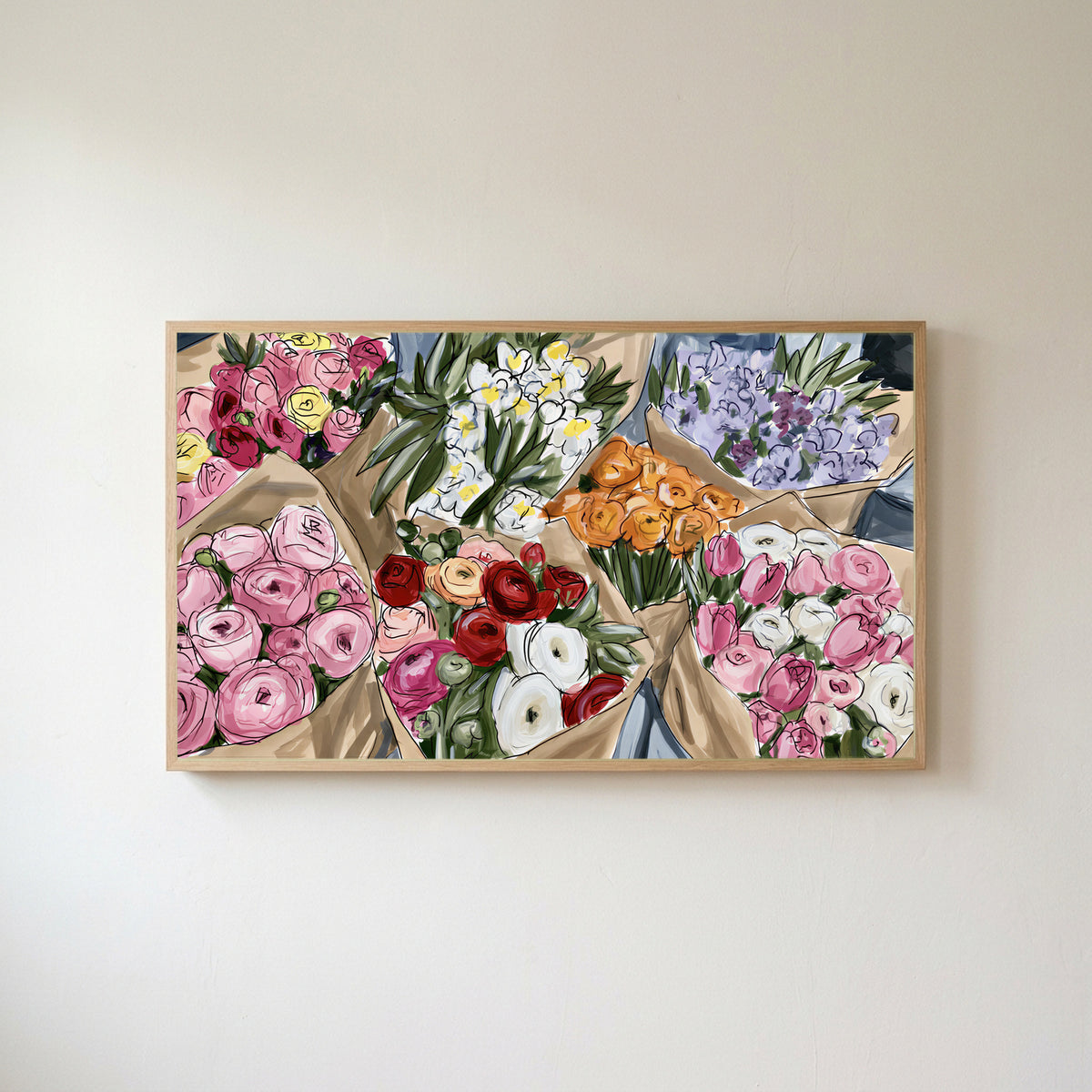 Flower bouquets Frame TV art in an oak frame on a warm white wall