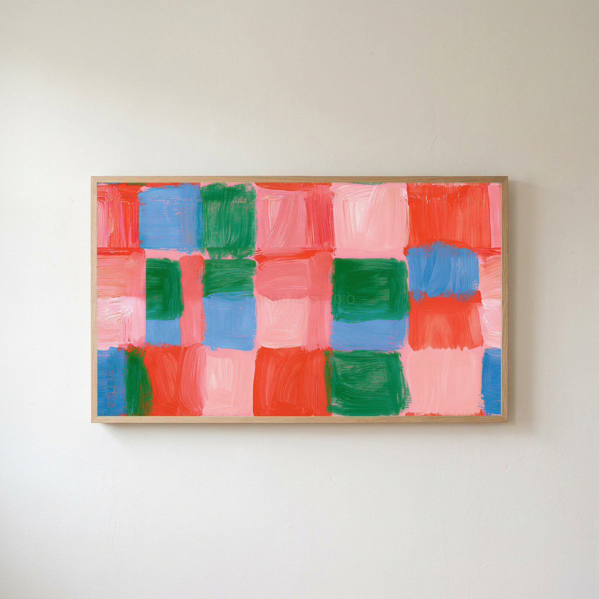 Painted checks Frame TV art in an oak frame on a warm white wall
