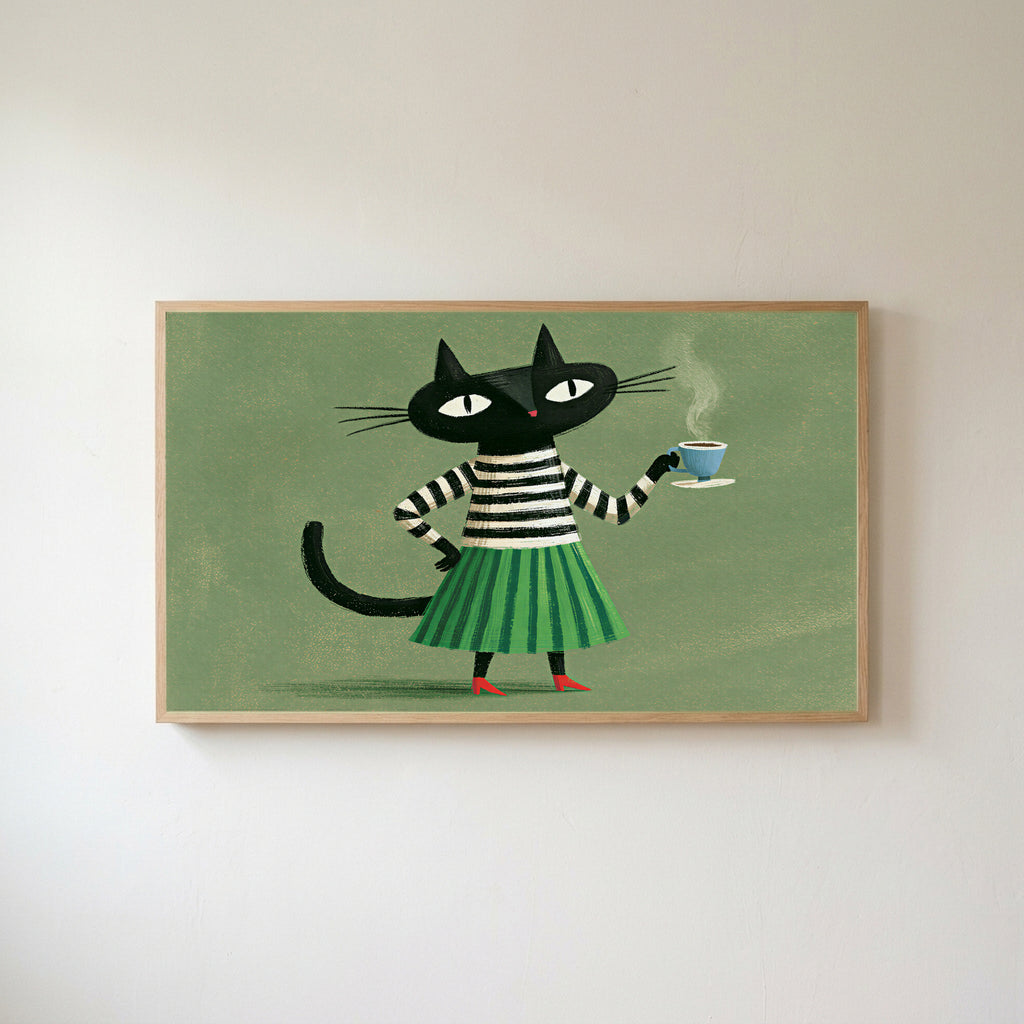 Black cat with a cup of tea Frame TV art in an oak frame on a warm white wall