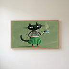 Black cat with a cup of tea Frame TV art in an oak frame on a warm white wall