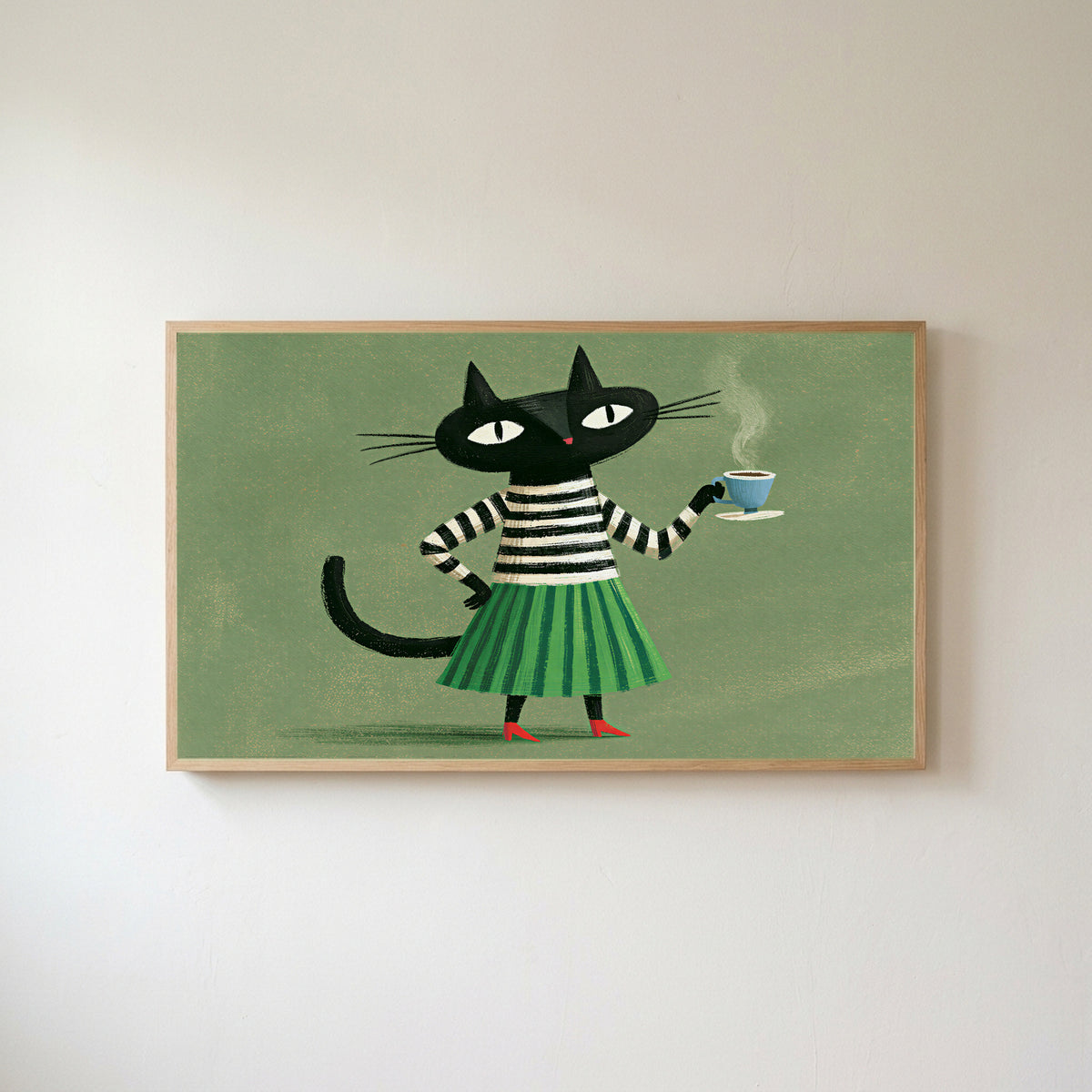 Black cat with a cup of tea Frame TV art in an oak frame on a warm white wall