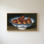 Pears in a porcelain bowl Frame TV art in an oak frame on a warm white wall