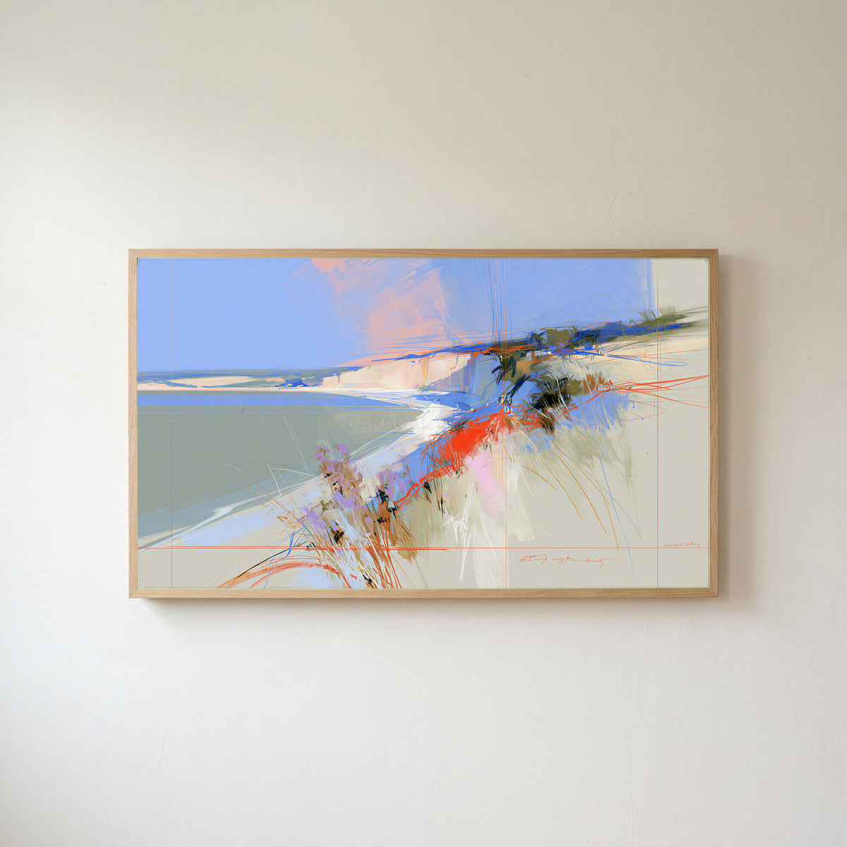 Abstract chalk cliffs Frame TV art in an oak frame on a warm white wall