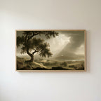 Vintage tree landscape Frame TV art in an oak frame on a warm white wall