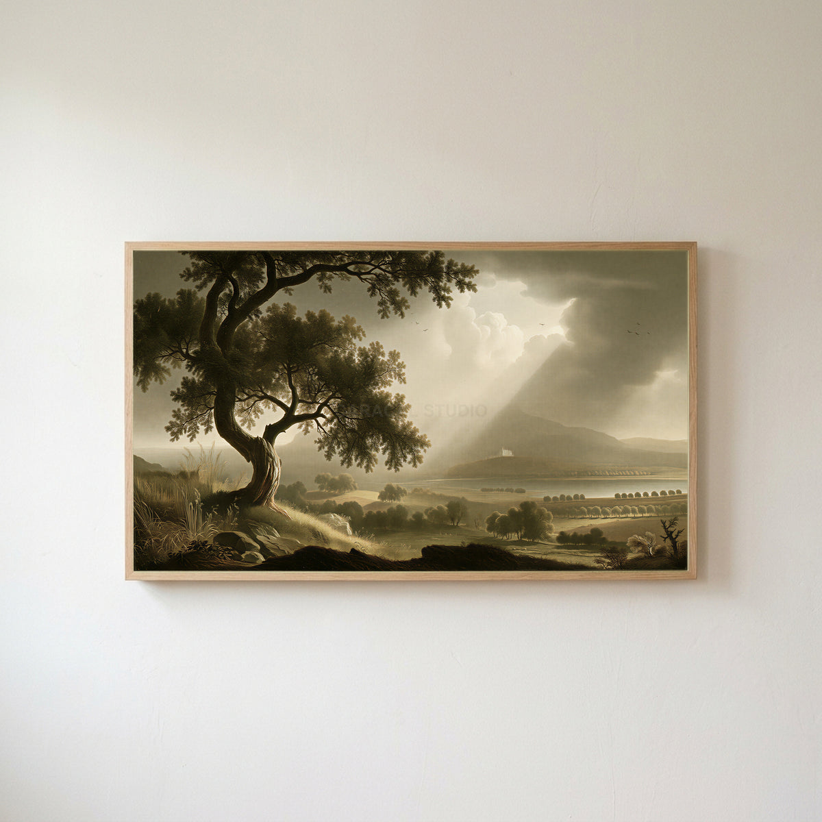 Vintage tree landscape Frame TV art in an oak frame on a warm white wall