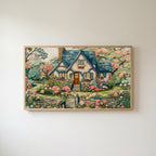 Embroidery style cottage Frame TV art in an oak frame on a warm white wall