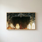 Vampire Frame TV art in an oak frame on a warm white wall