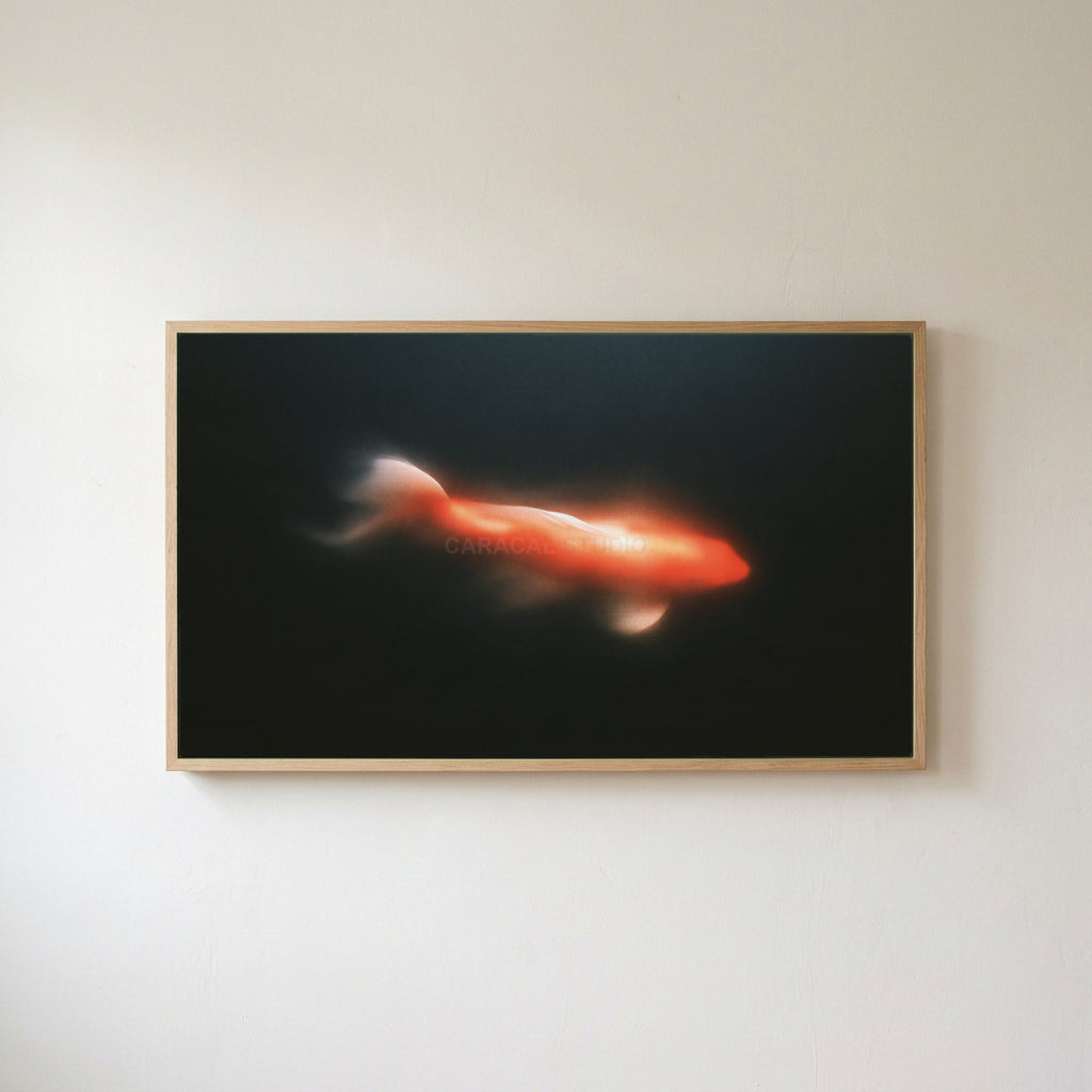 Glowing koi Frame TV art in an oak frame on a warm white wall