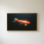 Glowing koi Frame TV art in an oak frame on a warm white wall