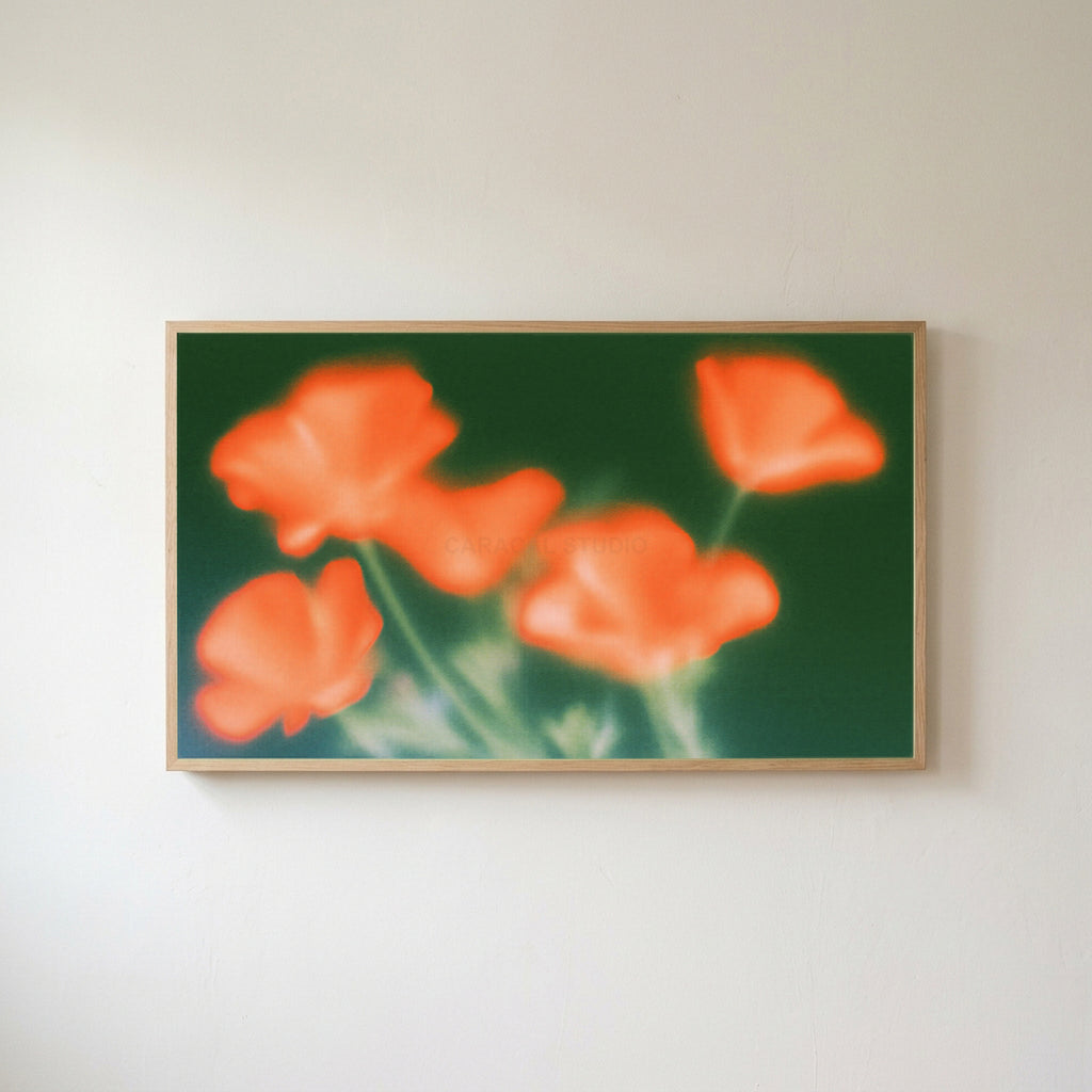 Blurred orange poppies Frame TV art in an oak frame on a warm white wall