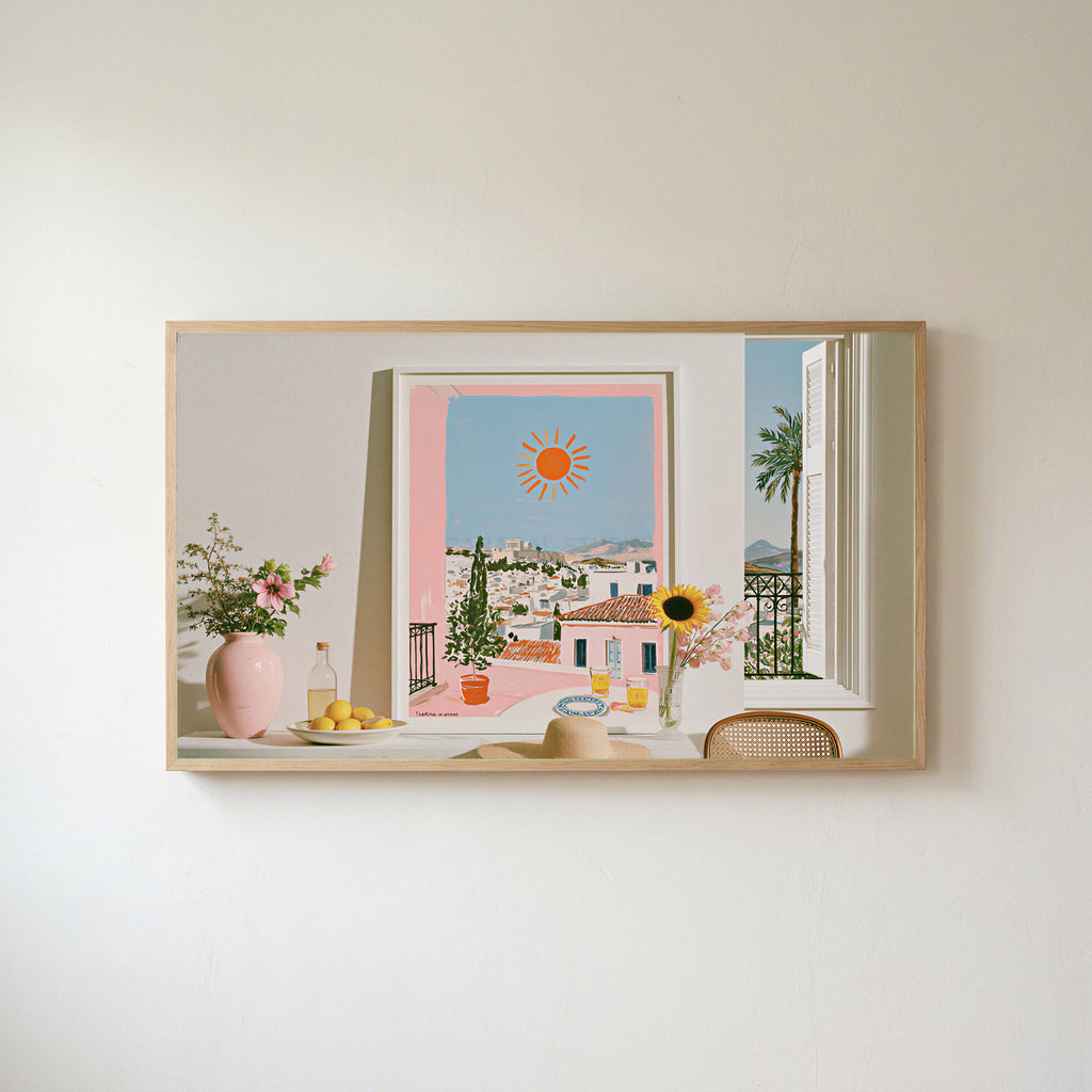 Athens summer still life Frame TV art in an oak frame on a warm white wall