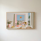 Athens summer still life Frame TV art in an oak frame on a warm white wall