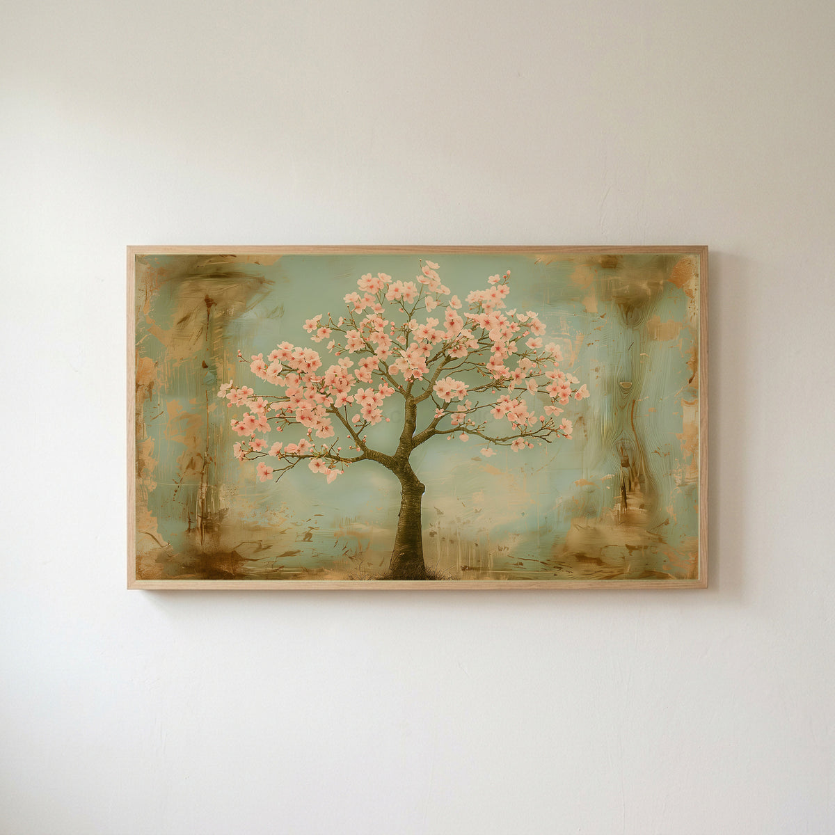 Cherry blossom tree Frame TV art in an oak frame on a warm white wall