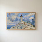 Lighthouse on a cliff Frame TV art in an oak frame on a warm white wall