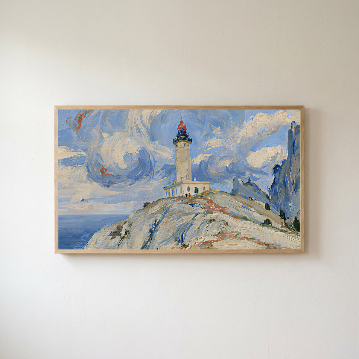 Lighthouse on a cliff Frame TV art in an oak frame on a warm white wall