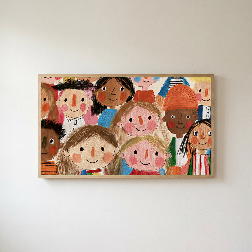 Smiling faces Frame TV art in an oak frame on a warm white wall