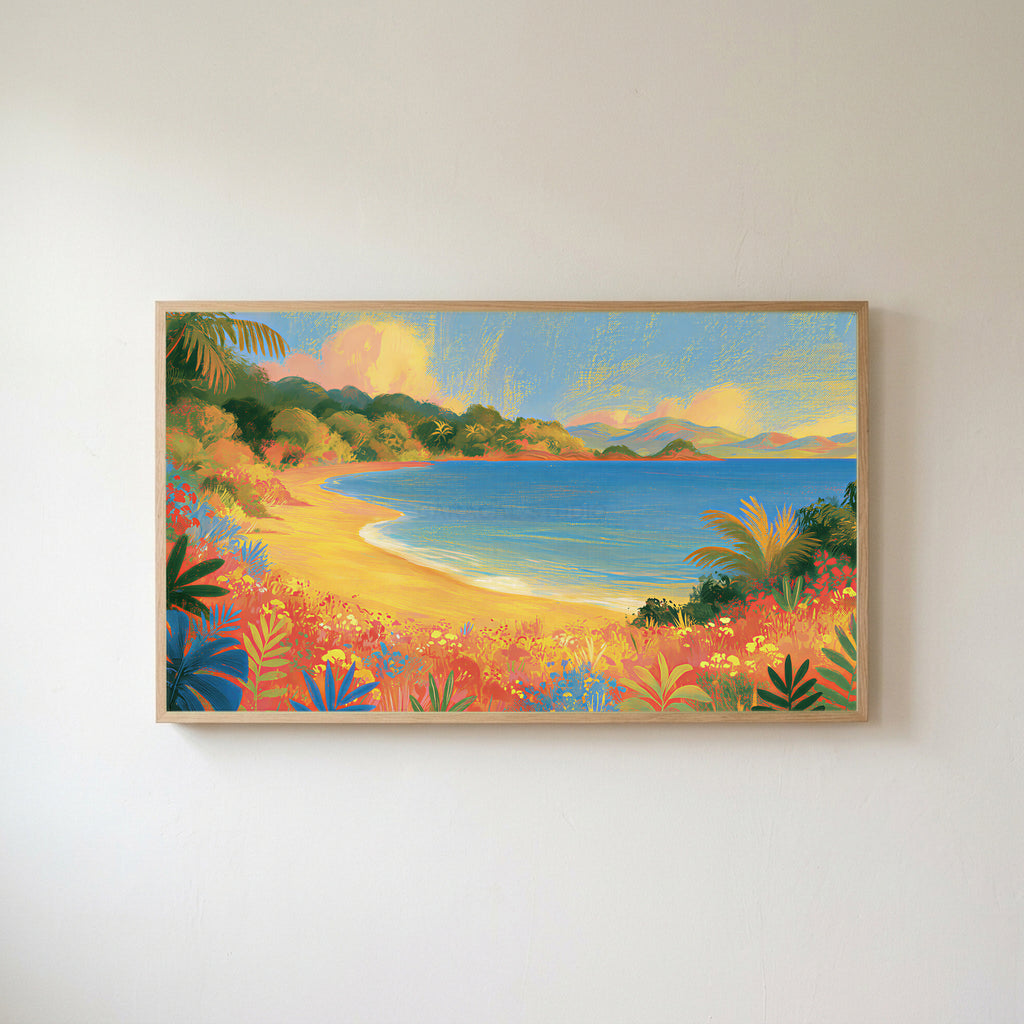 Tropical cove Frame TV art in an oak frame on a warm white wall