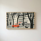 City street Frame TV art in an oak frame on a warm white wall