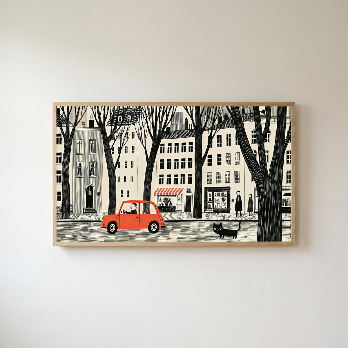 City street Frame TV art in an oak frame on a warm white wall