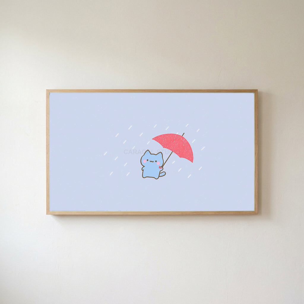 Umbrella kitten Frame TV art in an oak frame on a warm white wall