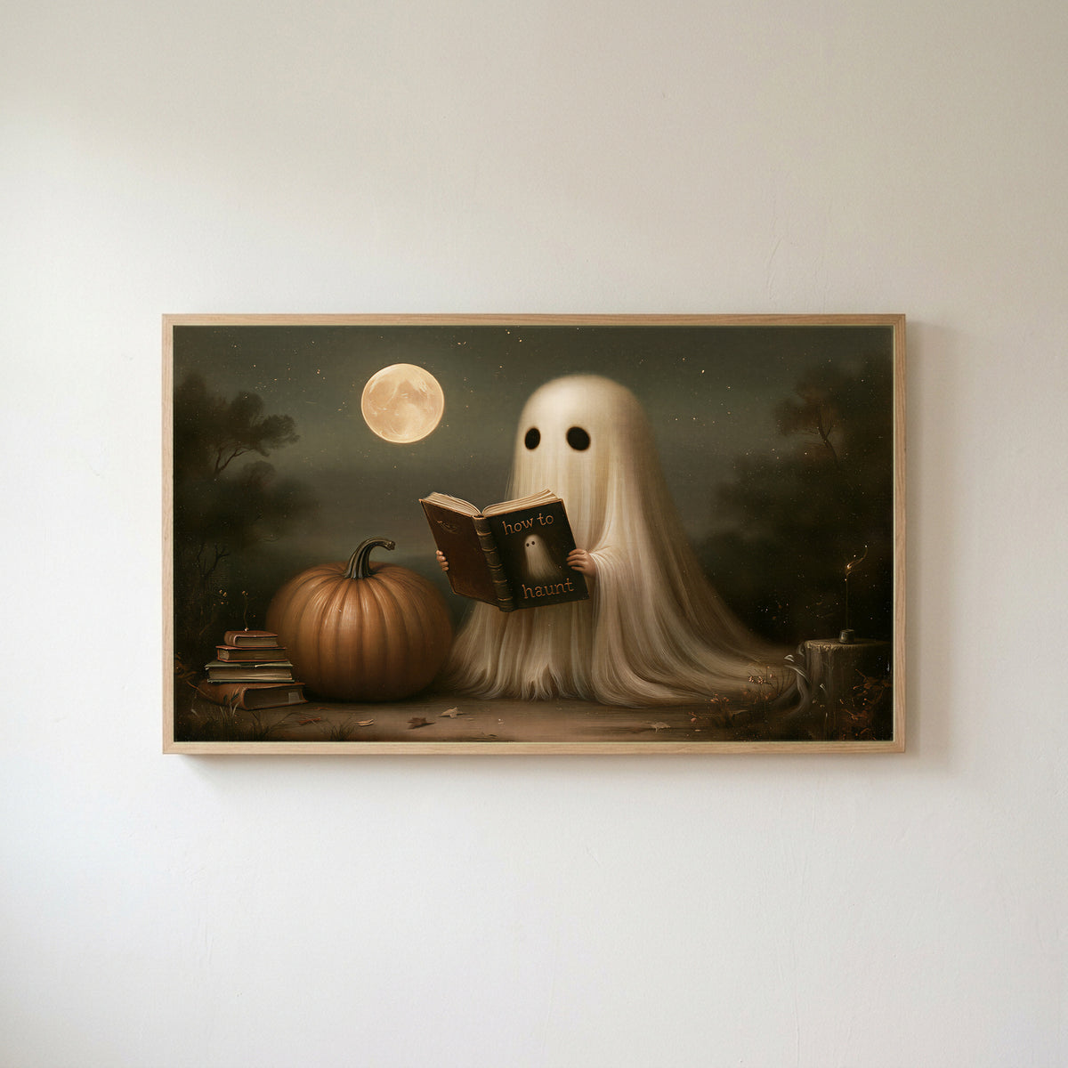 Ghost reading a book Frame TV art in an oak frame on a warm white wall