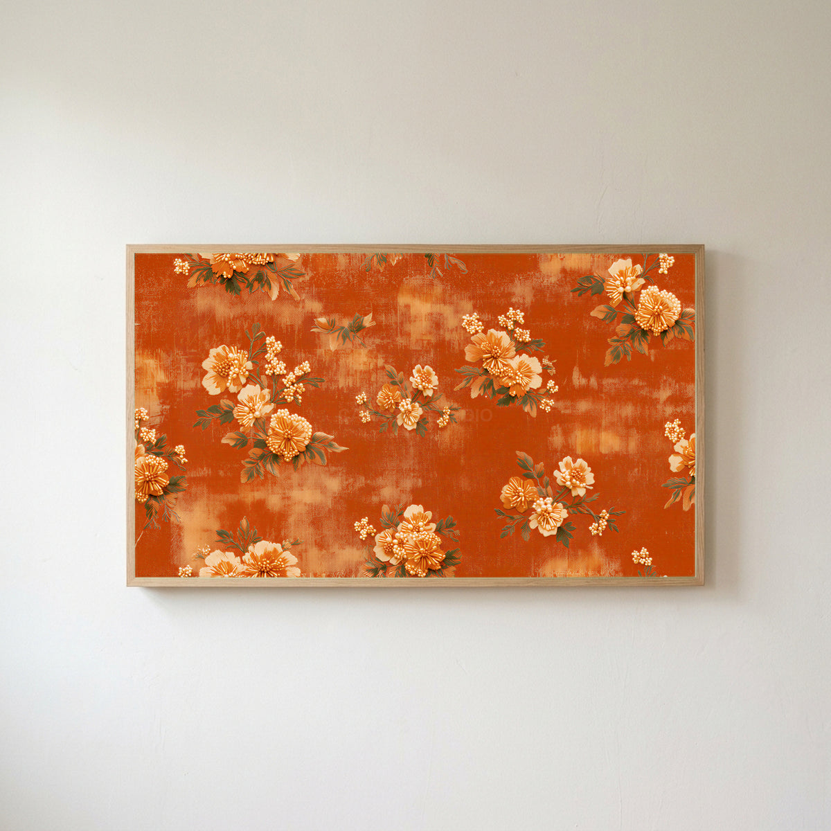 Beaded flowers Frame TV art in an oak frame on a warm white wall