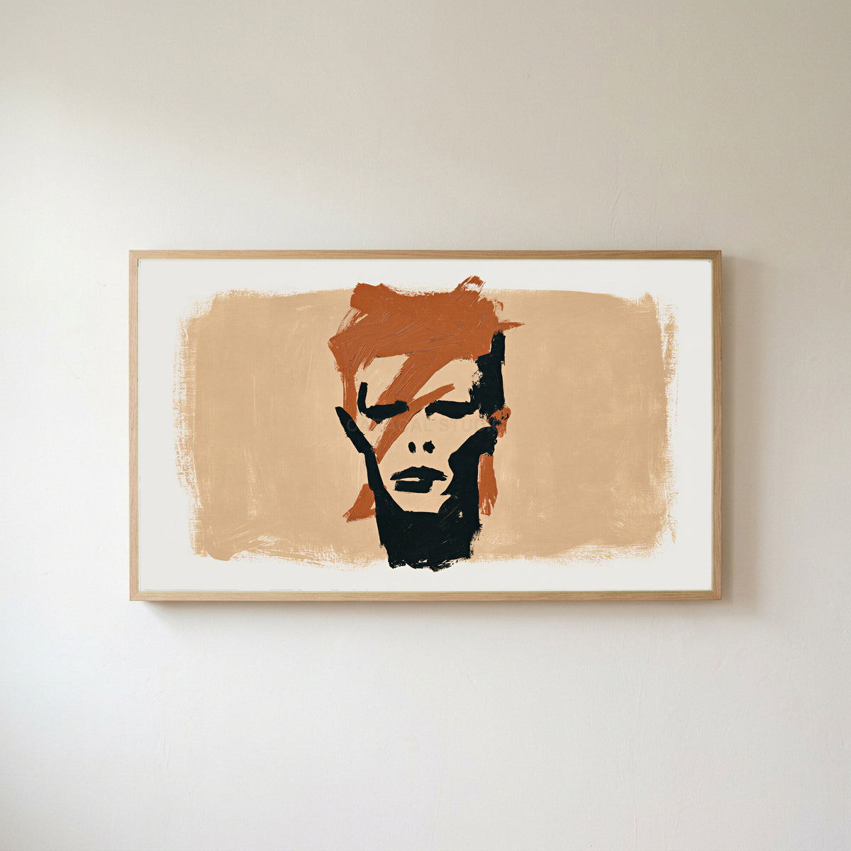 Lightning bolt portrait Frame TV art in an oak frame on a warm white wall
