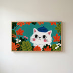 Autumn cat Frame TV art in an oak frame on a warm white wall