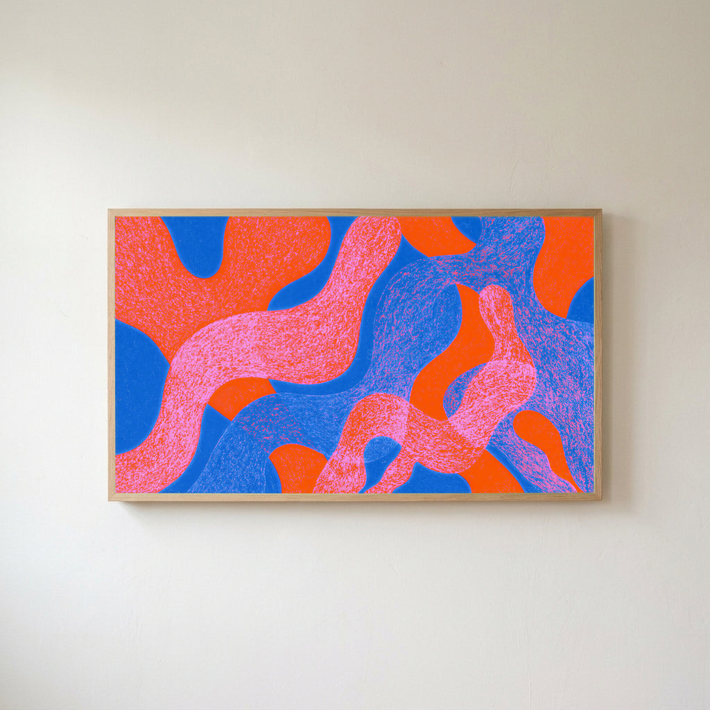Wavy abstract shapes Frame TV art in an oak frame on a warm white wall