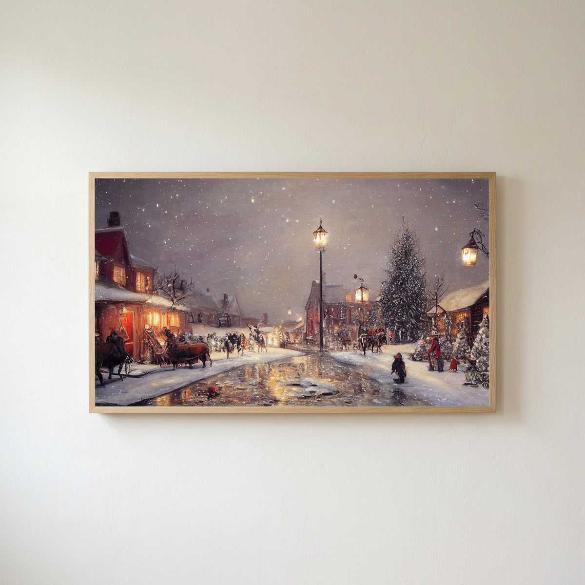 Snowy village at night Frame TV art in an oak frame on a warm white wall